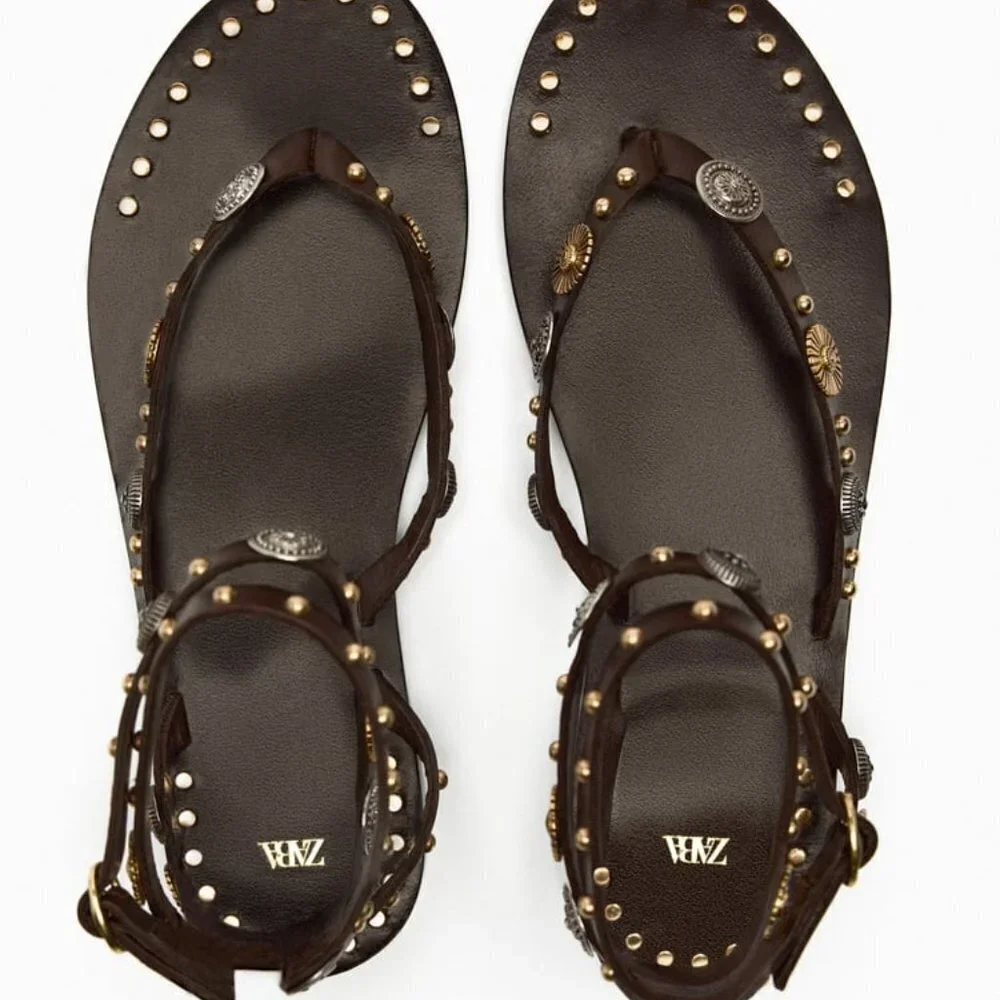 ZARA EMBELLISHED FLAT LEATHER SANDALS BROWN SIZE 10 | 1613/210 - Picture 3 of 4